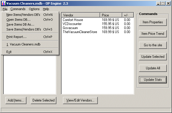 main window and file menu